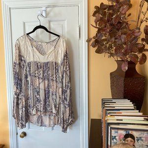 A Beautiful Soul Boho Patchwork Peasant Swing Top Cream & Blue NWOT